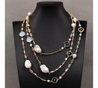 MQXFCZUX White Baroque Keshi Pearl Mixed Color Rectangle Pave Crystal Long Chain Necklace Party Sweater Chain