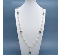 MQXFCZUX White Baroque Pearl Pave Chain Faceted Round Blue Cat Eye Long Sweater chain Necklace For Women