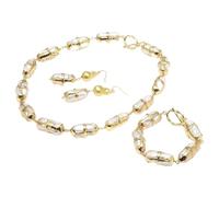 MQXFCZUX White Biwa Pearl Electroplated Edge Gold Plated Brushed Bead Wrap Necklace Bracelet Earrings Sets For Women (Necklace)