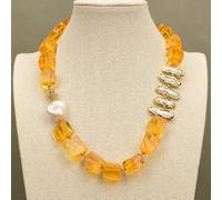 MQXFCZUX White Biwa Pearl Yellow Glass Quartz Rough Choker Necklace 21.5" Vintage For Lady Gifts