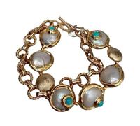 MQXFCZUX White Coin Pearl Electroplated Cubic Zirconia Pave Beads Gold Plated Chain Necklace/bracelet