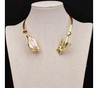 MQXFCZUX White Keshi Pearl Gold Edged Plated Red Crystal Tourmaline Paved Butterfly Chokers Necklace