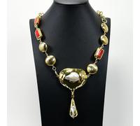 MQXFCZUX White Keshi Pearl Red Coral Gold Plated Brushed Coin Beaded Chain Necklace Big Pearl Pendant 25"