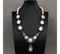 MQXFCZUX White Pearl Black Macarsite Paved Coin Pearl Necklace Big Keshi Pearl Pendant