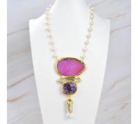 MQXFCZUX White Pearl Rosary Chain Necklace Red Rose Agate Slice Amethyst Quartz Point Pendant 20"