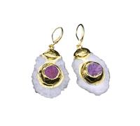 MQXFCZUX White Quartz Druzy Cluster Purple Crystal Gold Plated Dangle Hook Earrings