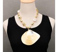 MQXFCZUX Yellow Citrine Quartz Gold Plated White Pearl Brushed Beads Necklace Yellow Sea Shell Big Pendant For Women