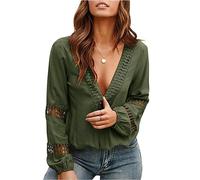 MQYXGS Camisa sexy de encaje con cuello en V profundo de manga larga Blusas con escote suelto casual túnica Tops camisetas monocolor S-XXL, D-verde., XXL