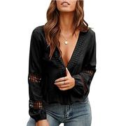 MQYXGS Camisa sexy de encaje con cuello en V profundo de manga larga Blusas con escote suelto casual túnica Tops camisetas monocolor S-XXL, B-negro., S