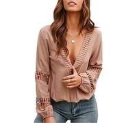 MQYXGS Camisa sexy de encaje con cuello en V profundo de manga larga Blusas con escote suelto casual túnica Tops camisetas monocolor S-XXL, C-rosa., XL
