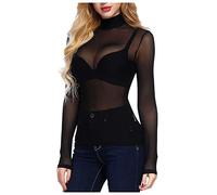 MQYXGS Camiseta de manga larga para mujer, camisas de malla, blusas transparentes, blusas transparentes, blusas transparentes, con corte estrecho, blusa de manga larga con cuello alto
