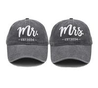 Mr and Mrs EST 2024 Sombreros para hombres y mujeres, sombreros de novio de novia, juego de gorras de béisbol bordadas en 3D, regalos de boda para parejas, Sombrero Mr and Mrs Est 2024 Gris, talla