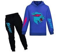 Mr Beast - Conjunto de sudadera con capucha y pantalones para niños, diseño de gato rayo de YouTube, 2 piezas/conjuntos de chándal para niñas, azul, 9-10 años