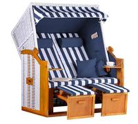 MR. DEKO® Silla de Playa reclinable Baltic Sea para 2 Personas | Mimbre Blanco con Cojines Azul | Tumbona Exterior jardín, terraza, balcón | diseño Marinero cómodo