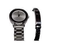 Mr. Gadget's Solutions Juego de 2 piezas de reloj de cuarzo redondo con esfera plateada y pulsera de cuero, elección de regalo perfecta, plata, Moderno