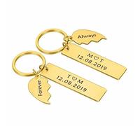 Mr.Gadget's Solutions La sorpresa perfecta de aniversario: llaveros de corazón dividido y barra doble grabados personalmente, juego de joyas de recuerdo para parejas, disponible en oro o plateado