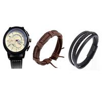 Mr. Gadget's Solutions Reloj analógico de cuero casual para hombre, esfera redonda, visualización de fecha, caja negra, reloj de pulsera deportivo con 2 pulseras, juego de 3 piezas, negro, Moderno