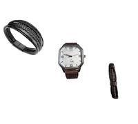 Mr. Gadget's Solutions Reloj de pulsera para hombre, de cuarzo analógico de forma cuadrada, reloj para hombre con correa de cuero, color marrón y juego de 2 pulseras, marrón