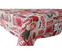 Mr.Hule | Mantel Navidad Loneta Algodón-Poliéster Resinado Antimanchas e Impermeable - No Traspasan Líquidos (Rojo, Blanco y Beige, 140 Redondo)