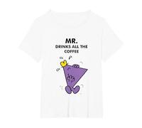 Mr. Men Little Miss Meme - Mr. Drinks All The Coffee Camiseta, Mujer Tallas Grandes, Blanco, 3XL Grande