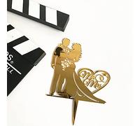 Mr & Mrs Cake Topper - Decoración acrílica para tarta de boda - Divertido novio y novia (dorado)