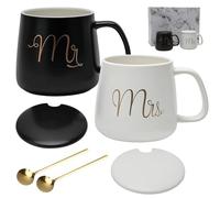 Mr Mrs - Juego de 2 tazas de café de cerámica con cucharas para café, té, agua, regalo para San Valentín, aniversario de boda, fiesta de compromiso, Navidad