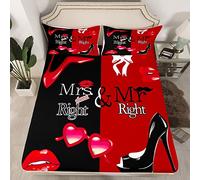 Mr Mrs - Juego de sábanas de Color Negro y Rojo con Cita Divertida, Juego de Ropa de Cama para Parejas, romántica, para Boda, sábana Bajera Sexy con Labios Rojos, Bigote, romántica, Funda de Cama sin