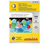 MR.R - Papel de fotografía para inyección de tinta con revestimiento brillante de 180 g/m2 tamaño A4 (210 x 297 mm) para impresoras de inyección de tinta Canon Hp Epson, 100 hojas