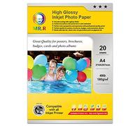 MR.R - Papel de fotografía para inyección de tinta con revestimiento muy brillante de una sola cara de 180 g/m² tamaño A4, 20 hojas por paquete