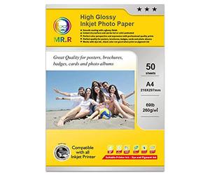 MR.R Papel fotográfico de inyección de tinta impermeable de alto brillo, 260 g/m², A4, 50 hojas, 210 x 297 mm, tamaño compatible con todas las impresoras de inyección de tinta