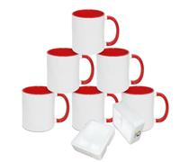 MR.R Paquete de 6 tazas de cerámica blanca para sublimación, aptas para lavavajillas, con mango interior rojo, mango redondo de 11 oz para impresión por transferencia de calor