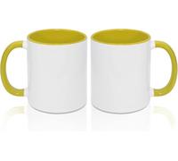 MR.R Tazas de café en blanco de sublimación de 11 onzas, taza blanca en blanco con taza de color amarillo interior y asa, juego de 2