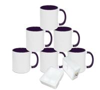 MR.R Tazas de café en blanco de sublimación de 11 onzas, taza blanca en blanco con taza de color morado interior y asa, juego de 6
