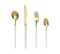 Mr.Spoon Juego de 24 piezas cubiertos para 6 personas,acero inoxidable 18/0, mango blanco cabeza dorada, con cuchillo, tenedor, cuchara, apto para lavavajillas.Para Casa, Hotel, Restaurante