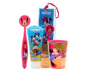Mr.White Minnie - Juego de bolsas para niños, ideal para viajes, incluye cepillo de dientes manual con ventosa, tapa de viaje, pasta de dientes con sabor a menta suave para niños, 75 ml, y 1 vaso de