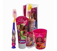Mr.White Princess - Juego de bolsa para niños - Cepillo de dientes con ventosa en la base, cubierta de cerdas, pasta de dientes para niños con sabor a menta, formato de 75 ml y cristal