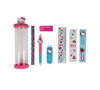 Mr. Wonderful - Estuche Rígido Con Accesorios De Escritura - Hello Kitty - Estuche De Purpurina Con Regla De 15 cm, 2 Subrayadores De Doble Punta, 5 Lápices Dobles, Lápiz Y Goma Con Funda