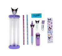 Mr. Wonderful - Estuche Rígido Con Accesorios De Escritura Hello Kitty - Kuromi - Estuche De Purpurina Con Regla De 15 cm, 2 Subrayadores De Doble Punta, 5 Lápices Dobles, Lápiz Y Goma Con Funda