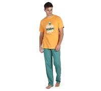 Mr. Wonderful - Pijama Hombre Manga Corta Algodón - Camiseta Naranja con Dibujo en Relieve - Pantalón Largo Estampado con Cinturilla Ajustable - Tejido Suave - Naranja, L, Algodón