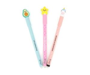 Mr. Wonderful - Set de 3 Bolis borrables Bo-Bo Estrella, Aguacate, Unicornio - Boli con tinta azul