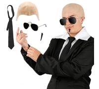 Mr Worldwide - Juego de accesorios para disfraz de adulto de 4 piezas con gorra calva, corbata negra, bigote de espiga y gafas de sol - Concierto Tour de despedida de soltero o fiesta de Halloween
