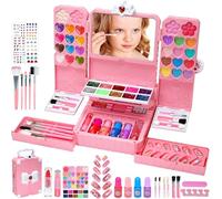 Mrabbitoo Maquillaje para Niñas - 74 Pcs Lavable Maletin Set Maquillaje para Niñas, Juguetes Kit Tocador para Niño, Regalo de Princesa Cumpleaños y Navidad 3 4 5 6 7 8 9 10 Años (Rosa)