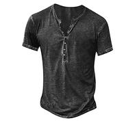 Mrat Camisetas Henley de algodón para hombre, estilo casual, vintage, desgastadas, con botones, para fiestas, a la moda, de manga corta, cuello en V, holgada, ajuste muscular, fitness, entrenamiento