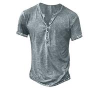 Mrat Camisetas Henley de algodón para hombre, estilo casual, vintage, desgastadas, con botones, para fiestas, a la moda, de manga corta, cuello en V, holgada, ajuste muscular, fitness, entrenamiento
