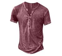 Mrat Camisetas Henley de algodón para hombre, estilo casual, vintage, desgastadas, con botones, para fiestas, a la moda, de manga corta, cuello en V, holgada, ajuste muscular, fitness, entrenamiento