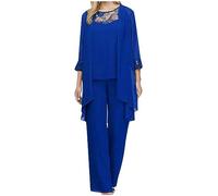 Mrat Conjunto de 3 piezas para mujer, casual, talla grande, pantalones de gasa para mujer, elegantes trajes de madre de la novia, cárdigan liso, chaleco de encaje sin mangas, conjunto de pantalones