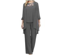 Mrat Conjunto de 3 piezas para mujer, casual, talla grande, pantalones de gasa para mujer, elegantes trajes de madre de la novia, cárdigan liso, chaleco de encaje sin mangas, conjunto de pantalones