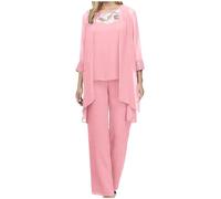 Mrat Conjunto de 3 piezas para mujer, casual, talla grande, pantalones de gasa para mujer, elegantes trajes de madre de la novia, cárdigan liso, chaleco de encaje sin mangas, conjunto de pantalones