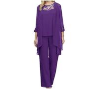 Mrat Conjunto de 3 piezas para mujer, casual, talla grande, pantalones de gasa para mujer, elegantes trajes de madre de la novia, cárdigan liso, chaleco de encaje sin mangas, conjunto de pantalones