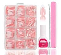 MrCuvaryas 240 puntas de uñas cortas para uñas de gel, puntas de uñas para uñas de gel, puntas de uñas postizas con punta superior y base coat, 12 tamaños para pegar, color nude